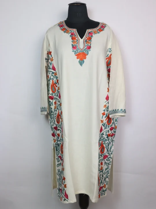 White Kashmiri Pheran In Cashmilon Wool With Aari Work And Side Panel Work | Madiha