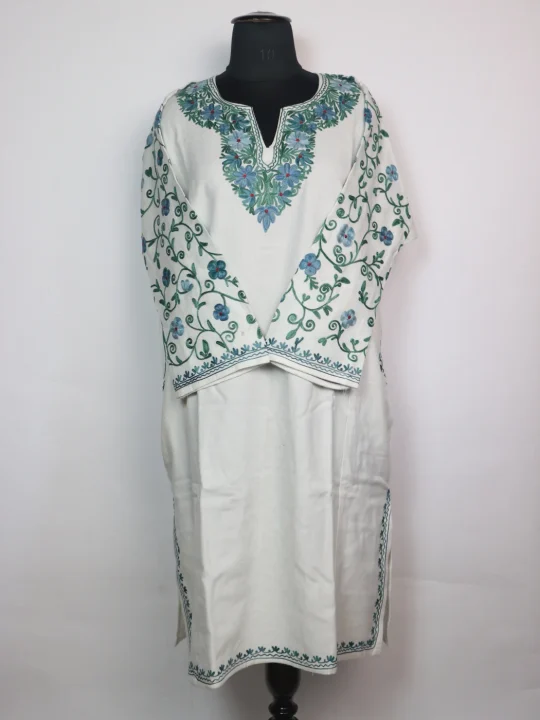 White Kashmiri Pheran In Cashmilon wool With Aari Work And Sleeve Point Work | Madiha
