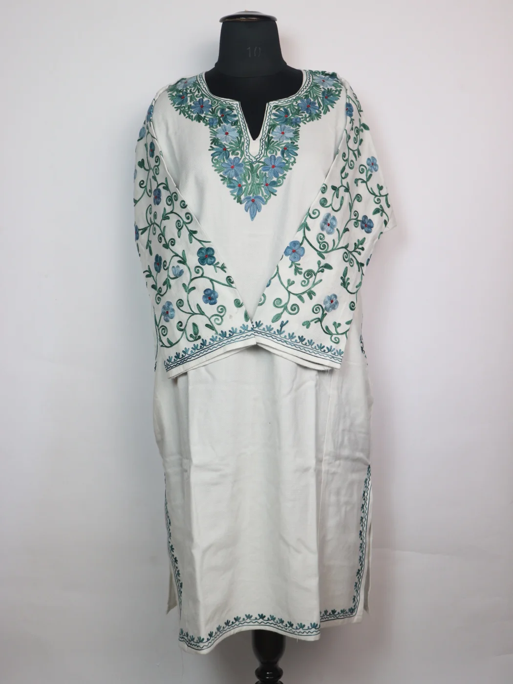 White Kashmiri Pheran In Cashmilon wool With Aari Work And Sleeve Jaal Work | Madiha