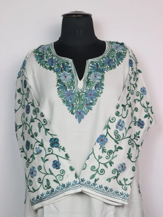 White Kashmiri Pheran In Cashmilon wool With Aari Work And Sleeve Jaal Work | Madiha - Image 2