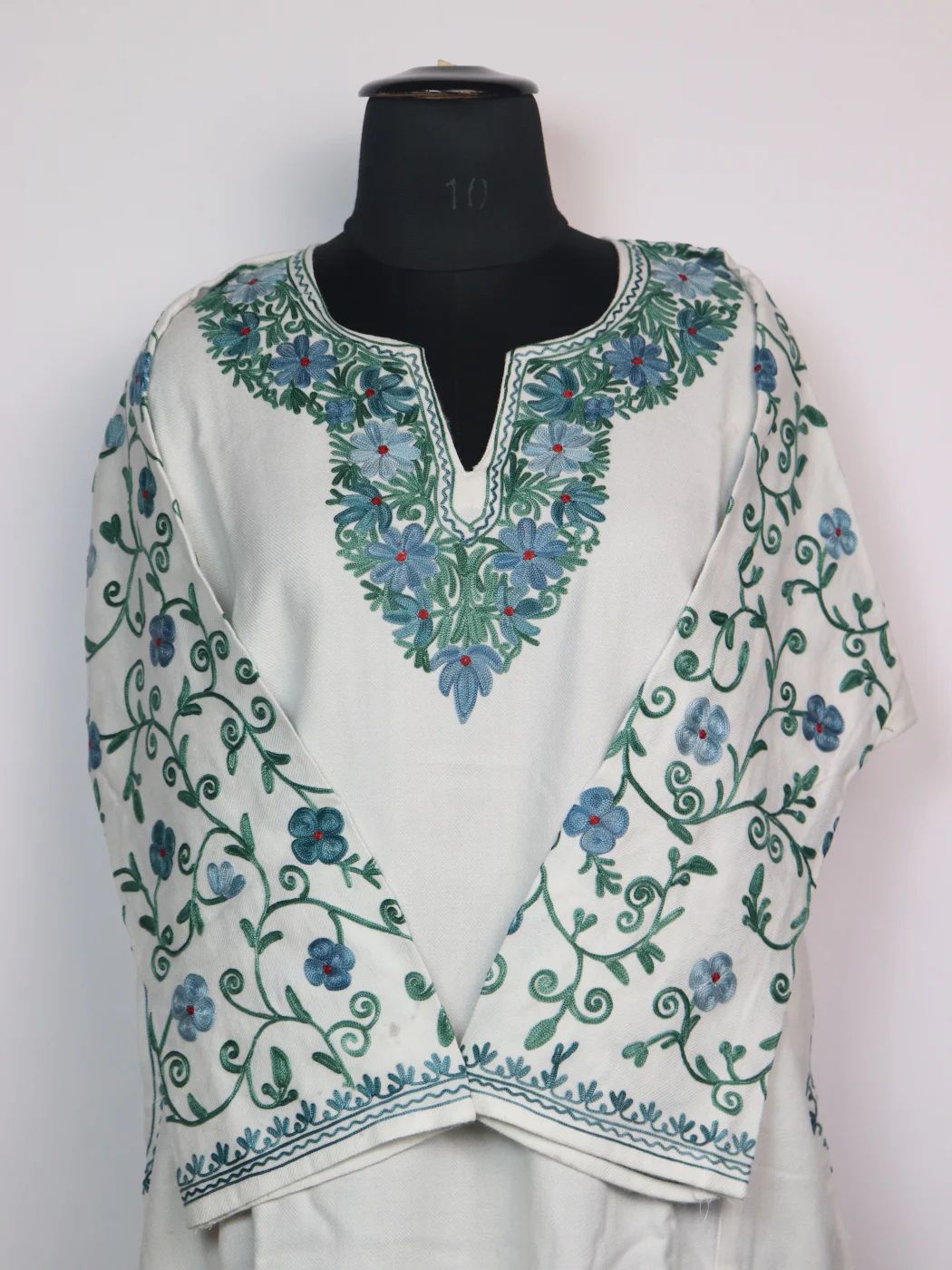 White Kashmiri Pheran In Cashmilon wool With Aari Work And Sleeve Jaal Work | Madiha - Image 2