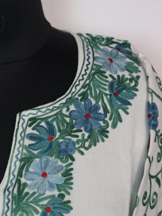 White Kashmiri Pheran In Cashmilon wool With Aari Work And Sleeve Jaal Work | Madiha - Image 3