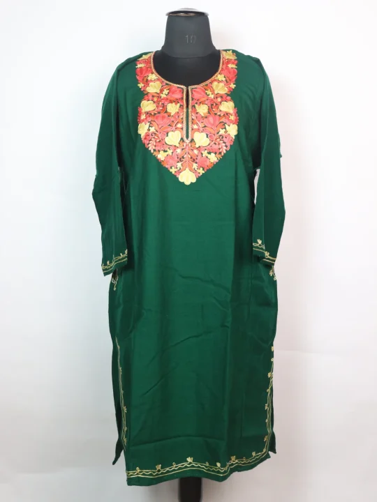 Kashmiri Pheran In Cashmilon Wool With Aari Embroidery | Bottle Green | Maria