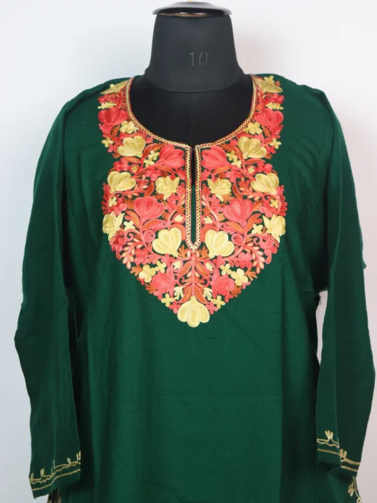 Kashmiri Pheran In Cashmilon Wool With Aari Embroidery | Bottle Green | Maria - Image 2