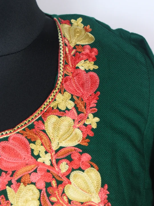Kashmiri Pheran In Cashmilon Wool With Aari Embroidery | Bottle Green | Maria - Image 3
