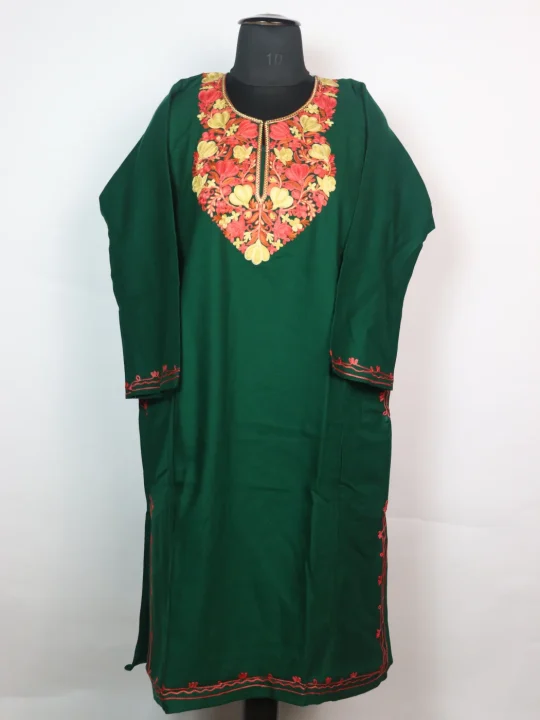Kashmiri Pheran In Cashmilon Wool With Aari Embroidery | Bottle Green | Maria