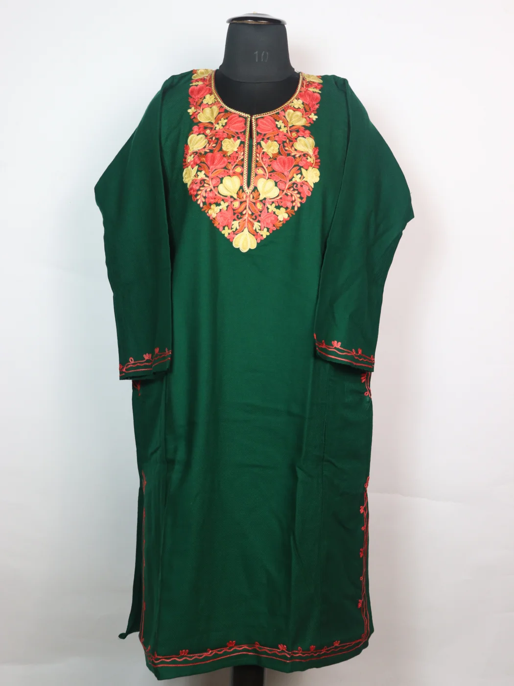 Kashmiri Pheran Maria In Cashmilon Wool With Aari Embroidery | Bottle Green