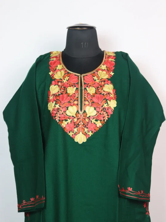 Kashmiri Pheran Maria In Cashmilon Wool With Aari Embroidery | Bottle Green - Image 2