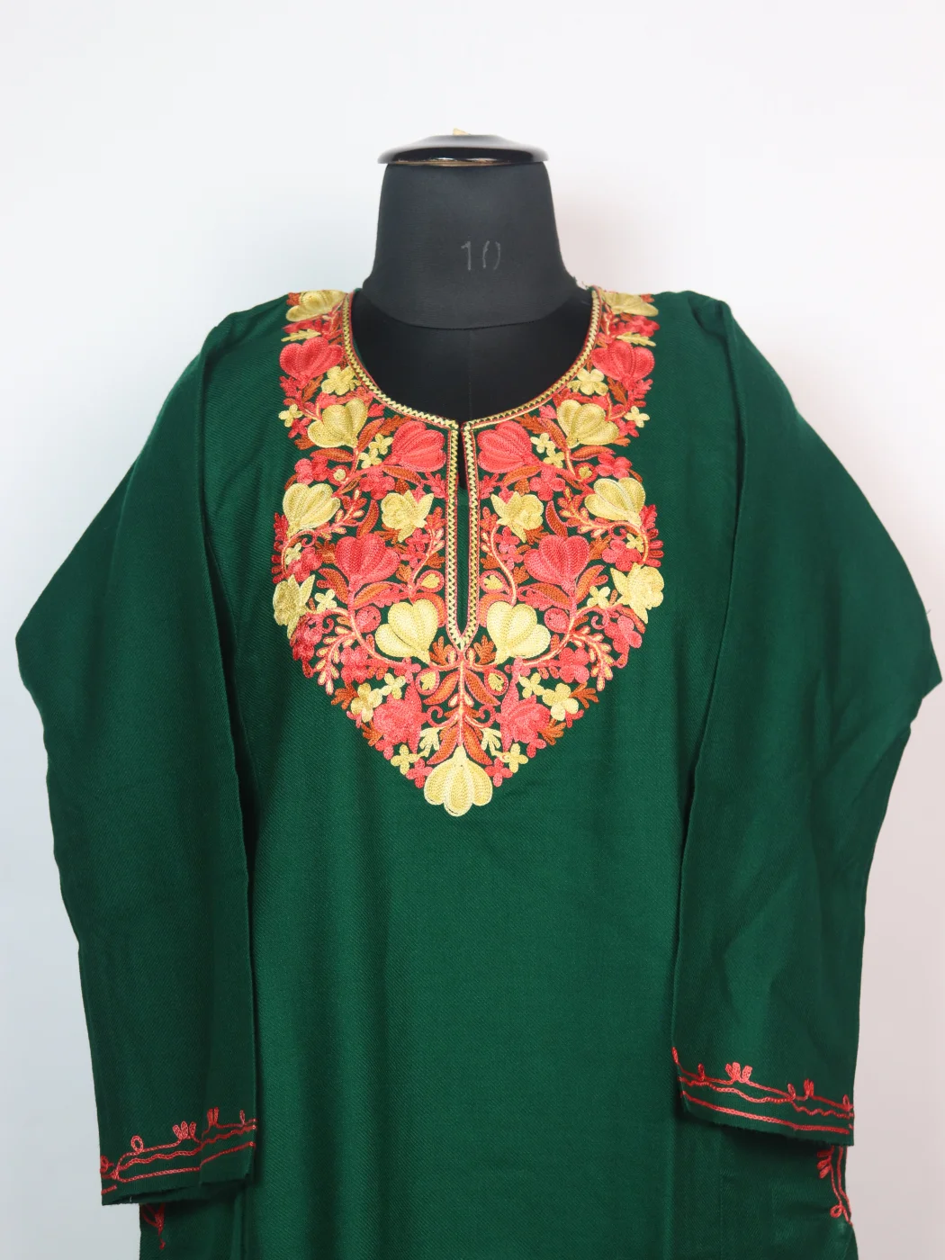 Kashmiri Pheran Maria In Cashmilon Wool With Aari Embroidery | Bottle Green - Image 2