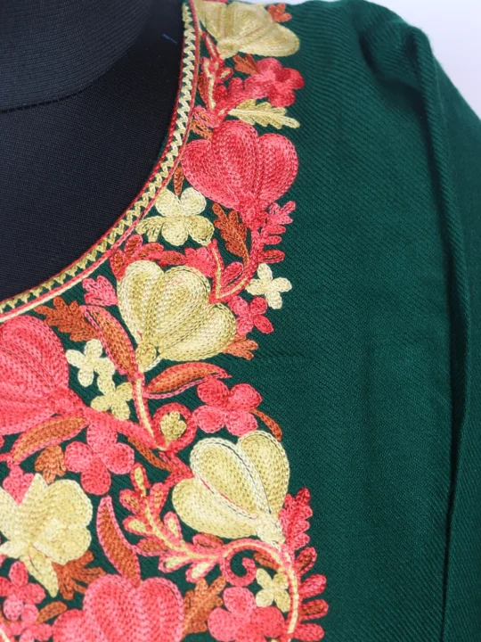 Kashmiri Pheran Maria In Cashmilon Wool With Aari Embroidery | Bottle Green - Image 3