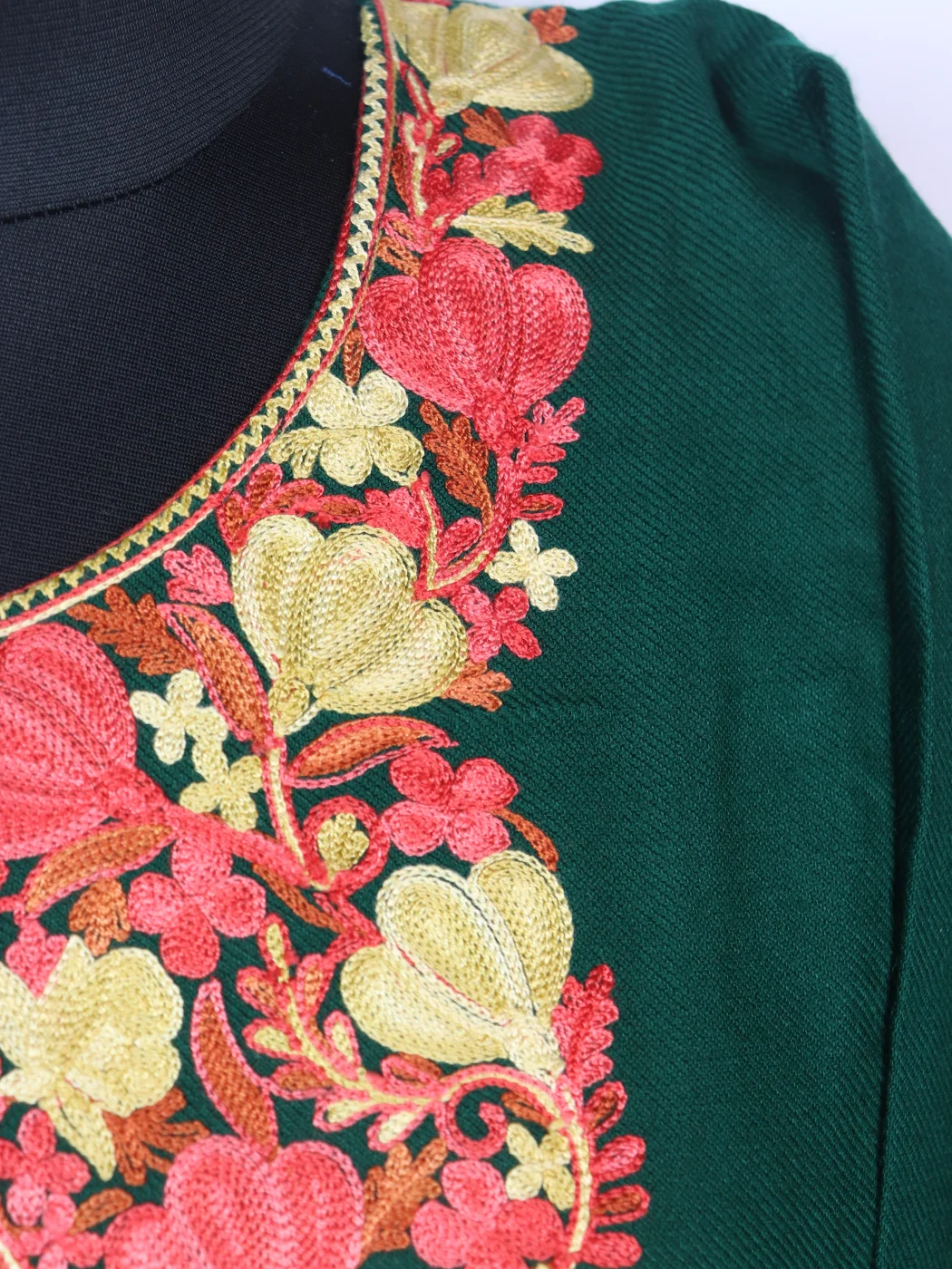Kashmiri Pheran Maria In Cashmilon Wool With Aari Embroidery | Bottle Green - Image 3