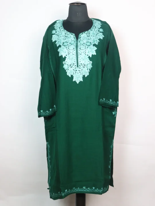 Maria Kashmiri Pheran In Cashmilon Wool With Aari Embroidery | Dark Green