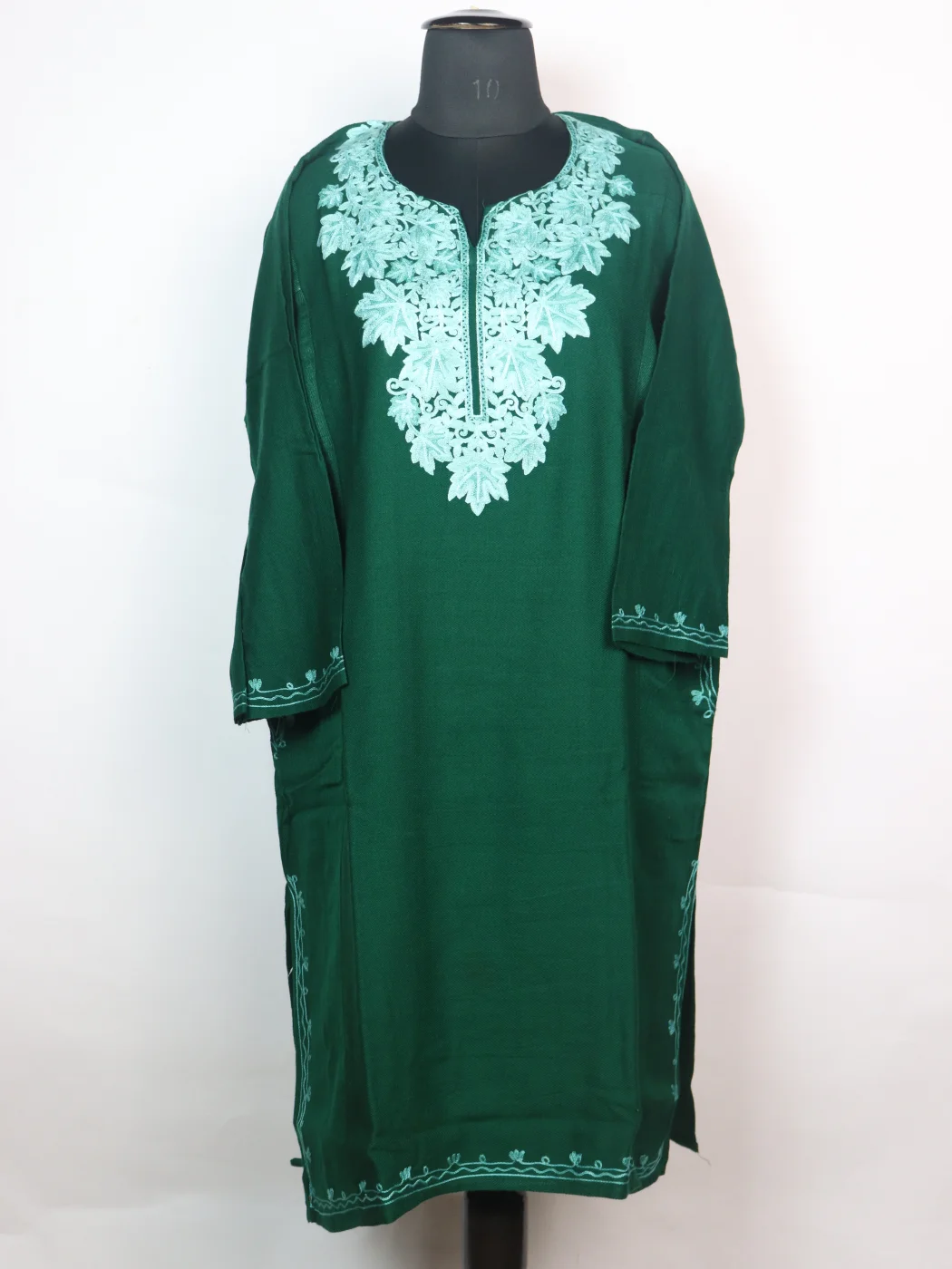 Maria Kashmiri Pheran In Cashmilon Wool With Aari Embroidery | Dark Green
