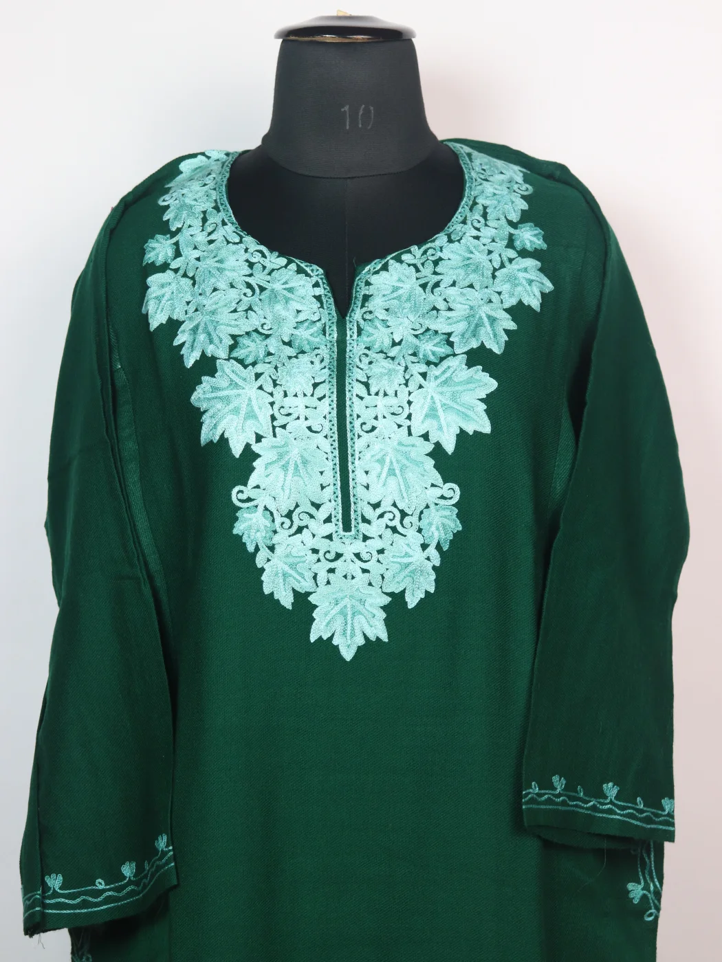 Maria Kashmiri Pheran In Cashmilon Wool With Aari Embroidery | Dark Green - Image 2