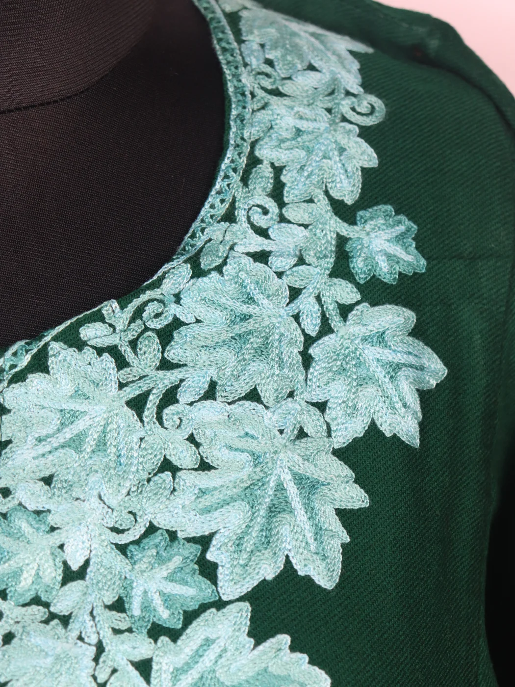 Maria Kashmiri Pheran In Cashmilon Wool With Aari Embroidery | Dark Green - Image 3