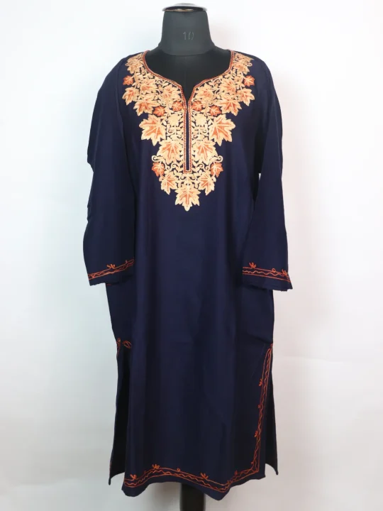 Maria Kashmiri Pheran In Cashmilon Wool With Aari Embroidery | Navy Blue