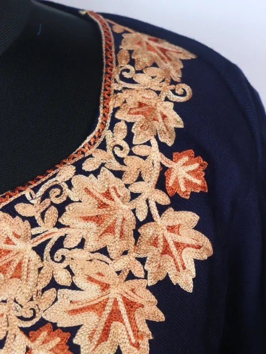 Maria Kashmiri Pheran In Cashmilon Wool With Aari Embroidery | Navy Blue - Image 3