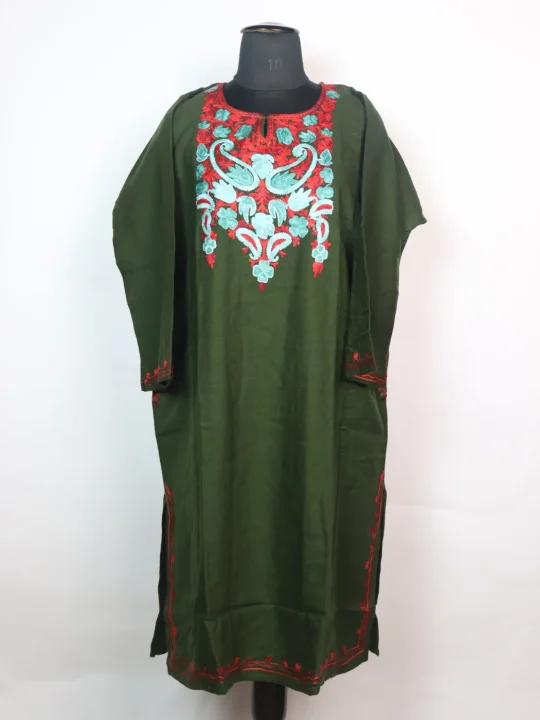 Maria Kashmiri Pheran In Cashmilon Wool With Aari Embroidery | Olive Green