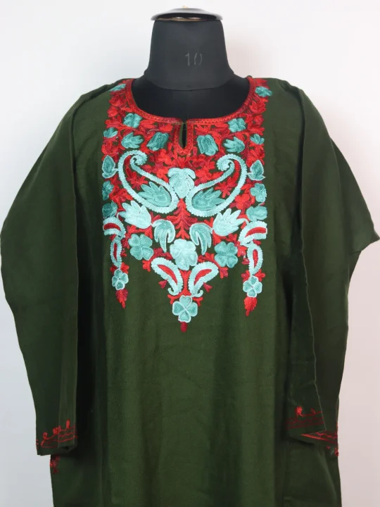 Maria Kashmiri Pheran In Cashmilon Wool With Aari Embroidery | Olive Green - Image 2