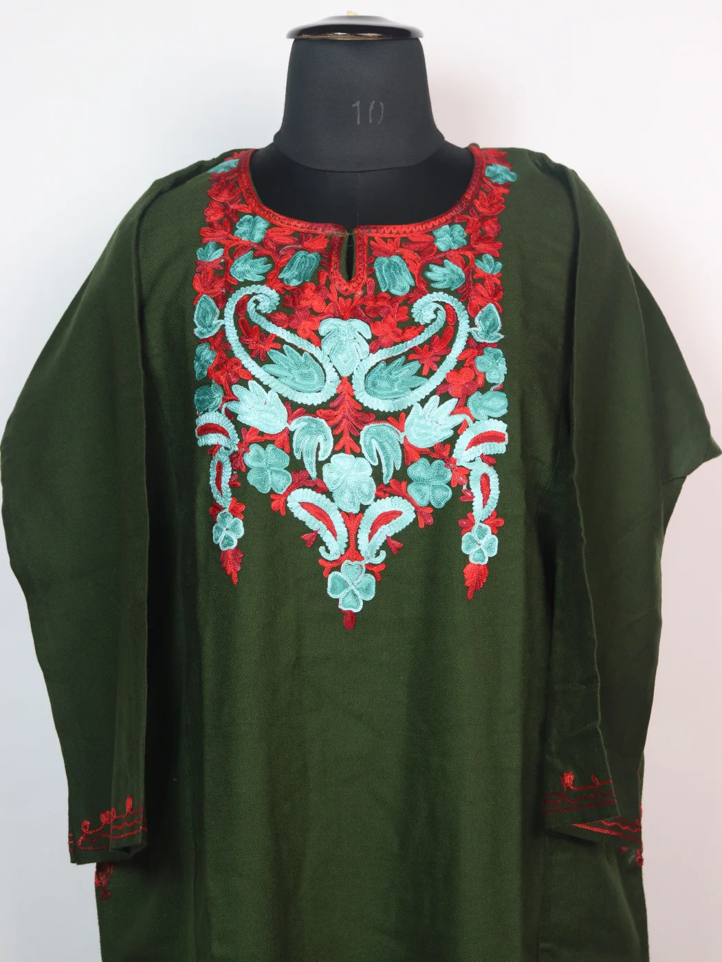 Maria Kashmiri Pheran In Cashmilon Wool With Aari Embroidery | Olive Green - Image 2