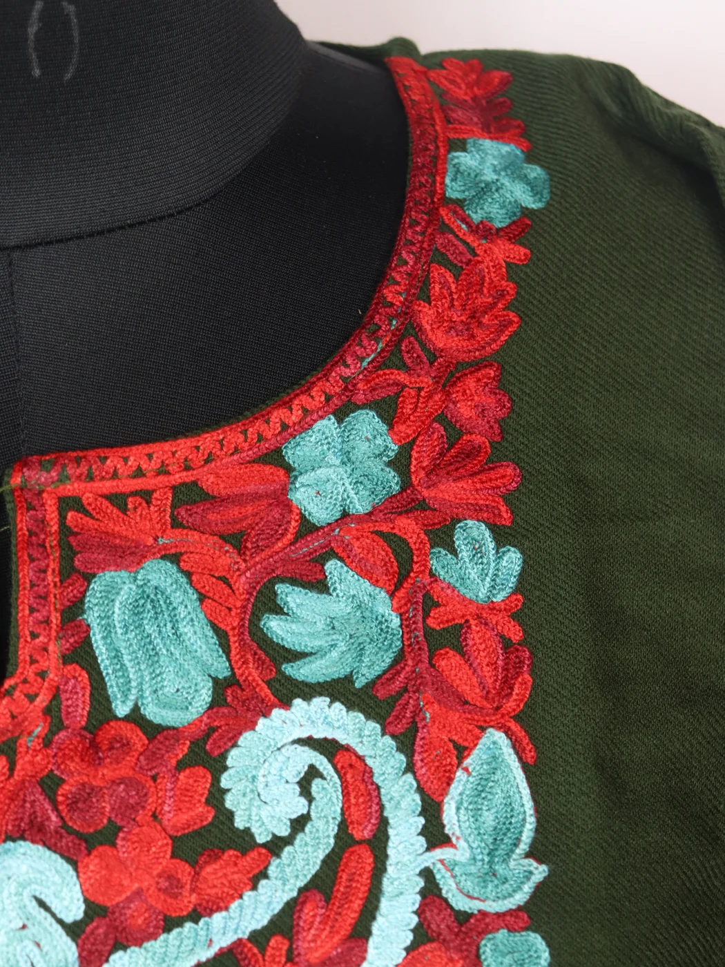 Maria Kashmiri Pheran In Cashmilon Wool With Aari Embroidery | Olive Green - Image 3