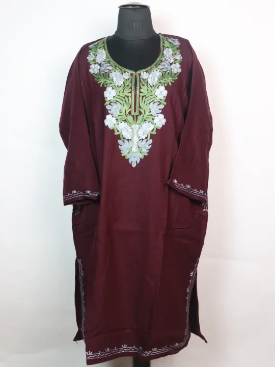 Kashmiri Pheran In Cashmilon Wool With Aari Embroidery | Maroon | Maria