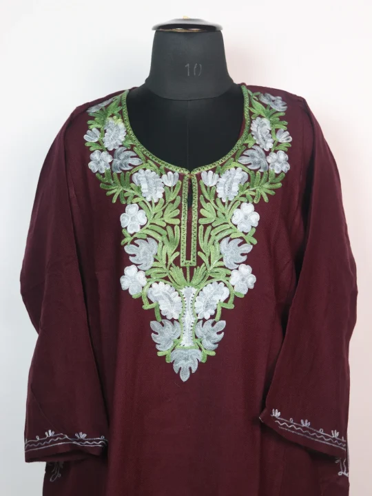 Kashmiri Pheran In Cashmilon Wool With Aari Embroidery | Maroon | Maria - Image 2