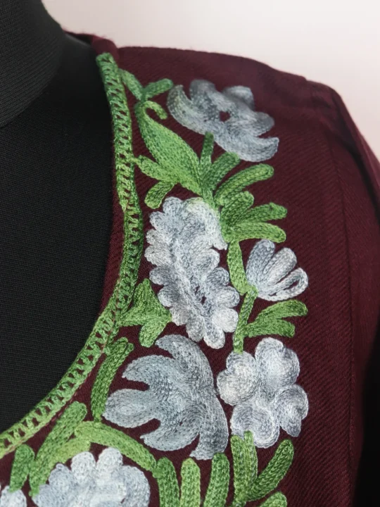 Kashmiri Pheran In Cashmilon Wool With Aari Embroidery | Maroon | Maria - Image 3