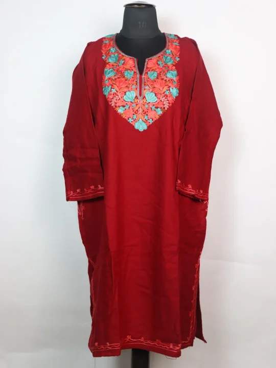 Maria Kashmiri Pheran In Cashmilon Wool With Aari Embroidery | Red