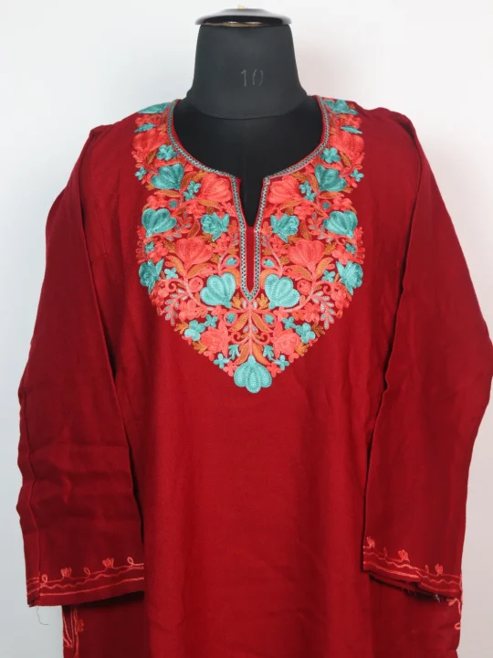 Maria Kashmiri Pheran In Cashmilon Wool With Aari Embroidery | Red - Image 2