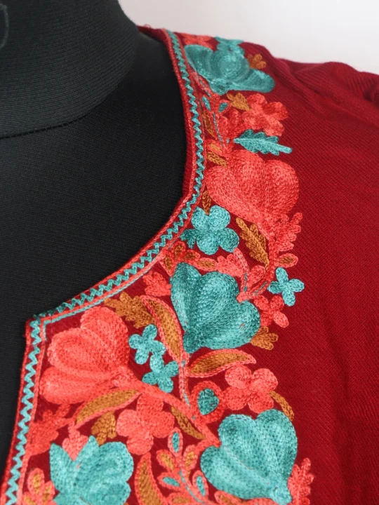Maria Kashmiri Pheran In Cashmilon Wool With Aari Embroidery | Red - Image 3