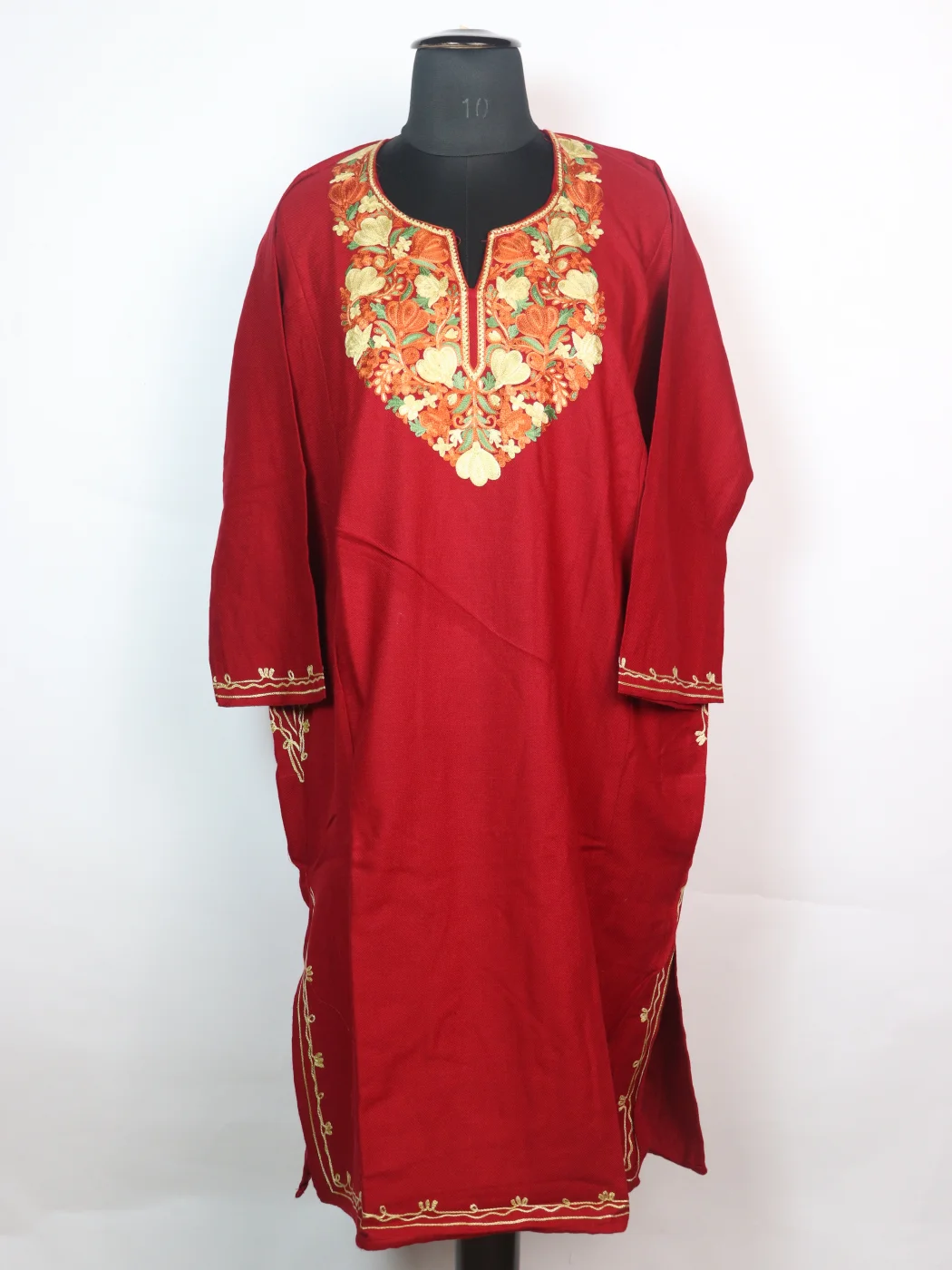 Maria Kashmiri Pheran In Cashmilon Wool With Aari Embroidery | Deep Red