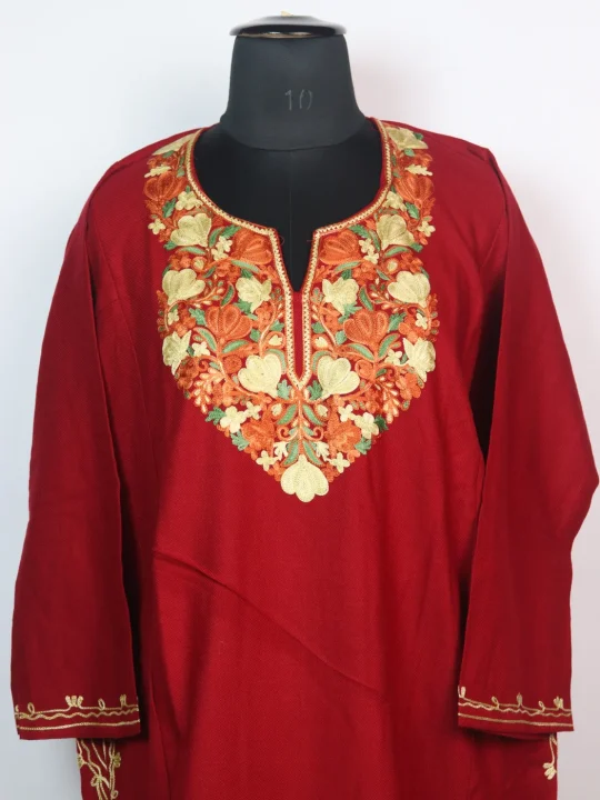 Maria Kashmiri Pheran In Cashmilon Wool With Aari Embroidery | Deep Red - Image 2