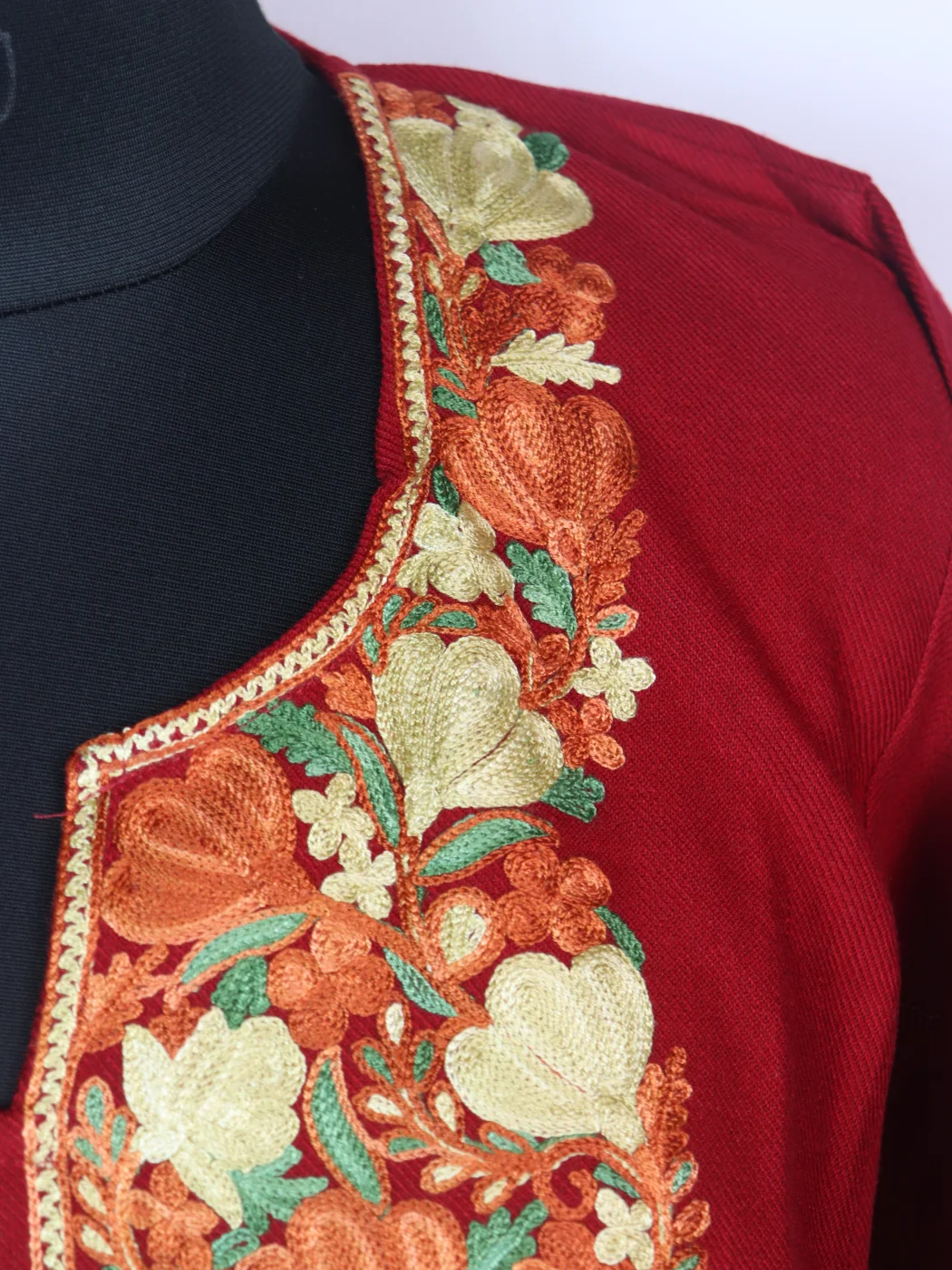 Maria Kashmiri Pheran In Cashmilon Wool With Aari Embroidery | Deep Red - Image 3