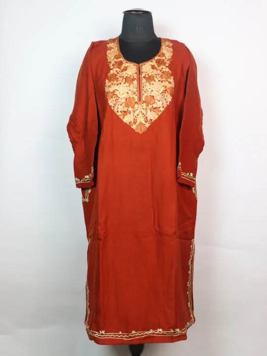 Kashmiri Pheran In Cashmilon Wool With Aari Embroidery | Rust | Maria