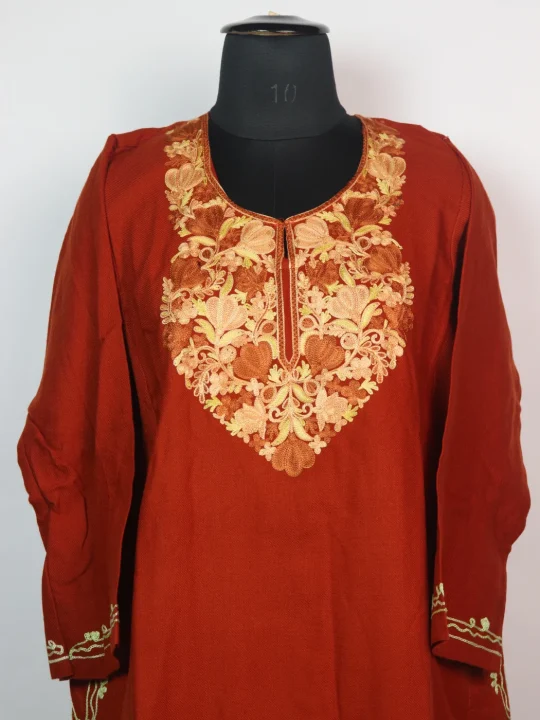 Kashmiri Pheran In Cashmilon Wool With Aari Embroidery | Rust | Maria - Image 2