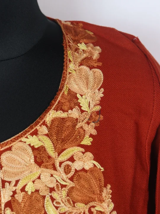 Kashmiri Pheran In Cashmilon Wool With Aari Embroidery | Rust | Maria - Image 3