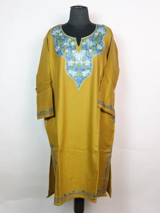 Kashmiri Pheran In Cashmilon Wool With Aari Embroidery | Mustard Yellow | Maria