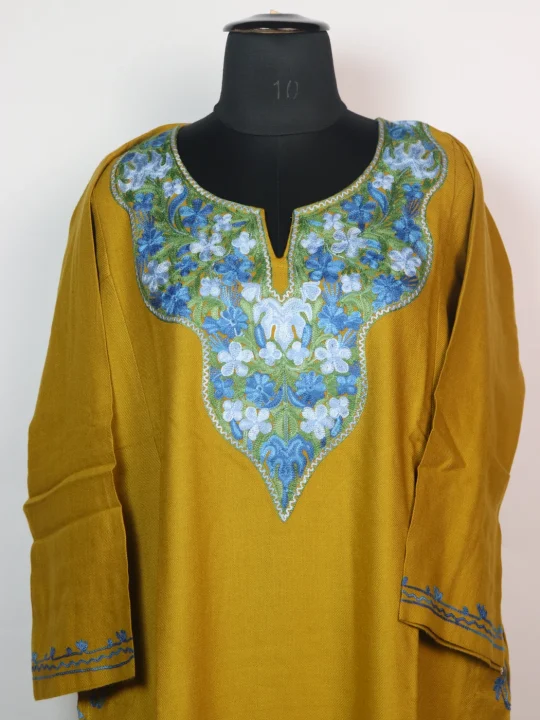 Kashmiri Pheran In Cashmilon Wool With Aari Embroidery | Mustard Yellow | Maria - Image 2