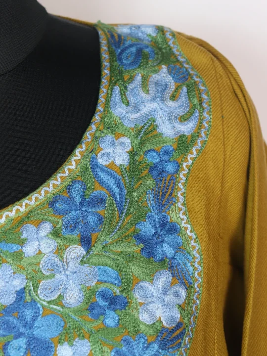 Kashmiri Pheran In Cashmilon Wool With Aari Embroidery | Mustard Yellow | Maria - Image 3