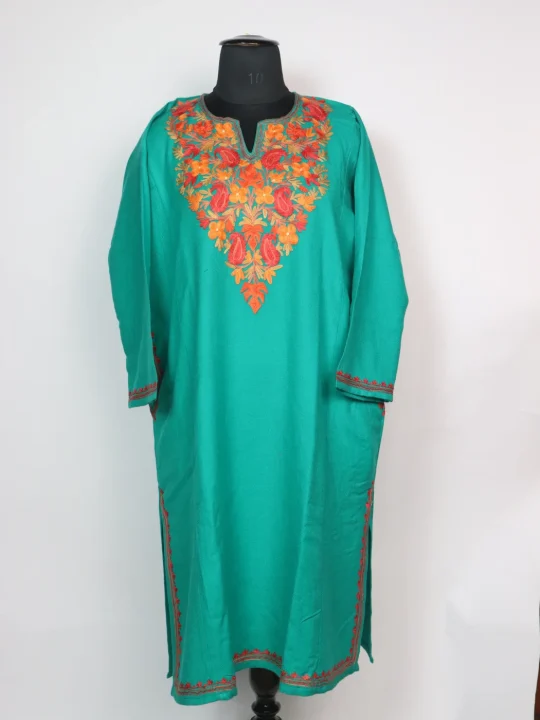 Teal Kashmiri Pheran in Cashmilon with Aari Embroidery | Zartasha