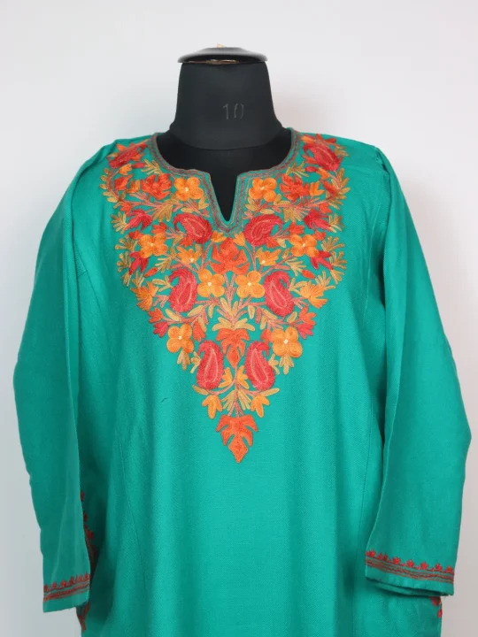 Teal Kashmiri Pheran in Cashmilon with Aari Embroidery | Zartasha - Image 2