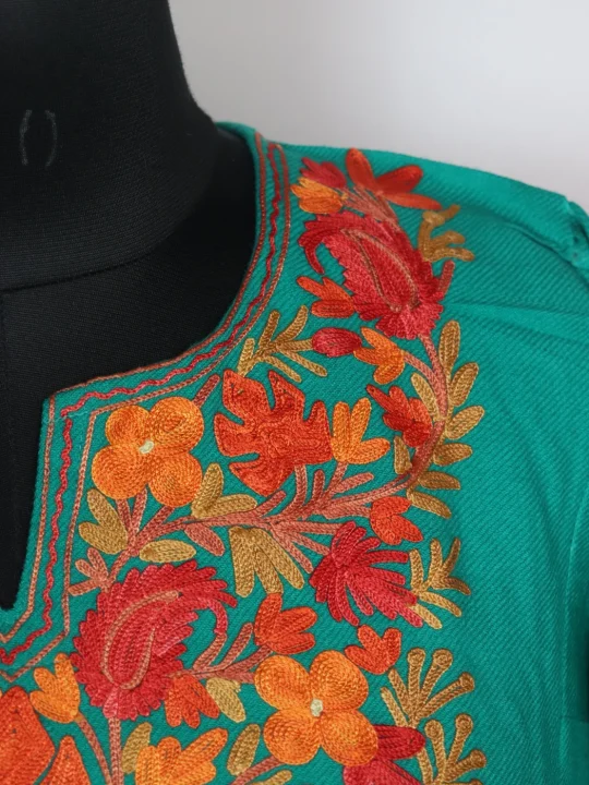 Teal Kashmiri Pheran in Cashmilon with Aari Embroidery | Zartasha - Image 3