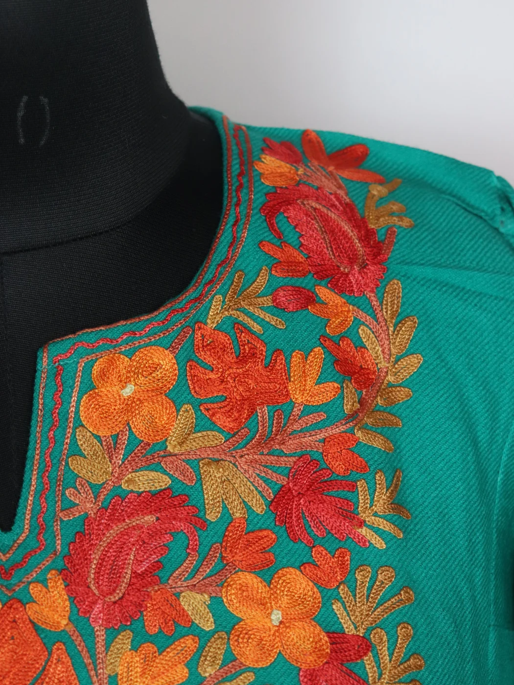 Teal Kashmiri Pheran in Cashmilon with Aari Embroidery | Zartasha - Image 3