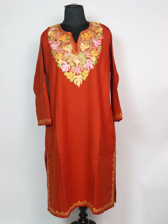 Rust Kashmiri Pheran In Orange Cashmilon With Aari Embroidery Zartasha