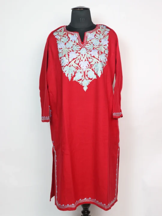 Zartasha Kashmiri Pheran In Red Cashmilon With Aari Embroidery