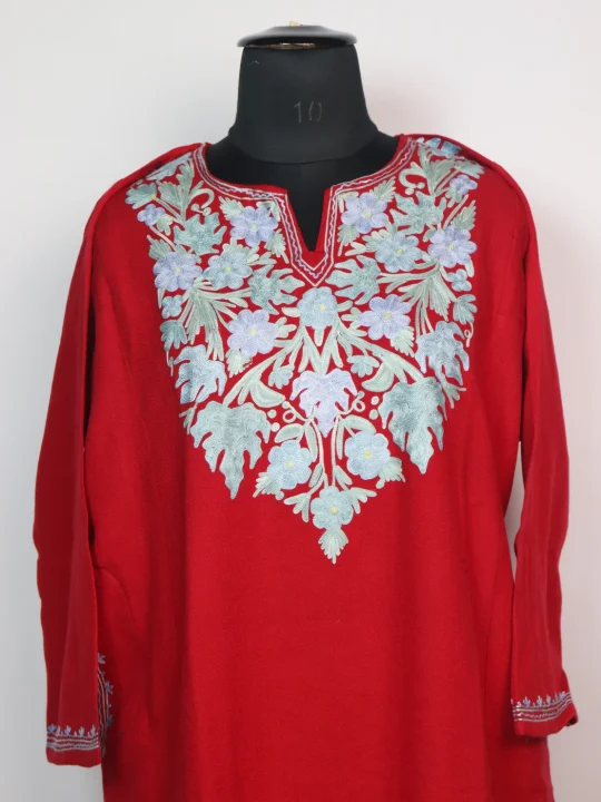 Zartasha Kashmiri Pheran In Red Cashmilon With Aari Embroidery - Image 2