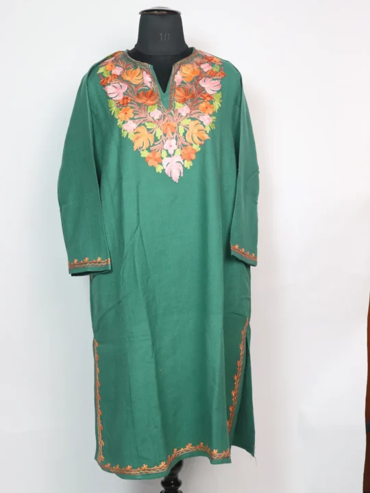 Kashmiri Pheran Zartasha In Teal Green Cashmilon With Aari Embroidery