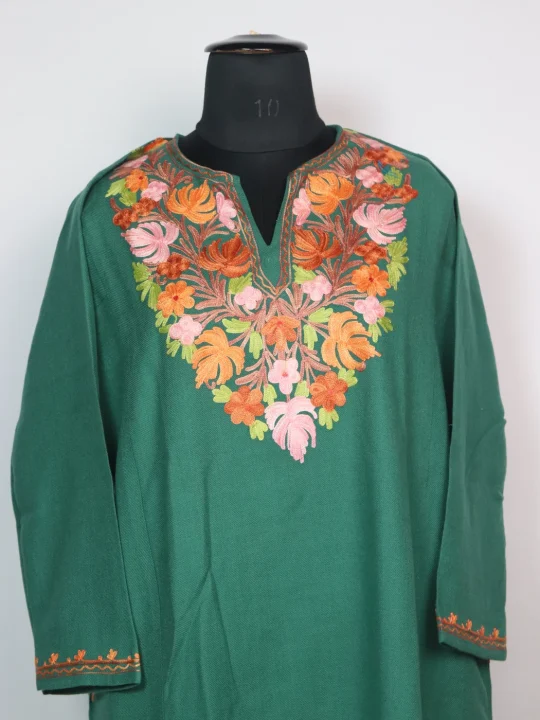 Kashmiri Pheran Zartasha In Teal Green Cashmilon With Aari Embroidery - Image 2