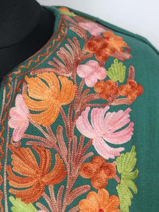 Kashmiri Pheran Zartasha In Teal Green Cashmilon With Aari Embroidery - Image 3